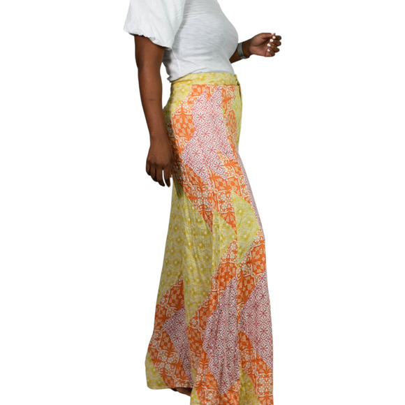 Olivaceous Patchwork Palazzo Print Pants Orange Yellow Rayon Wide Flare Medium - Picture 3 of 13